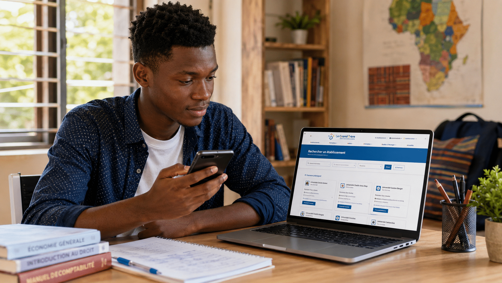 Un jeune consulte la plateforme Le Grand Frère sur smartphone et ordinateur pour rechercher un établissement