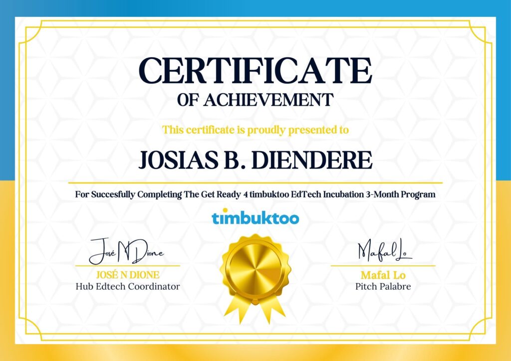 Certificat de fin du programme d’incubation Get Ready 4 timbuktoo EdTech.